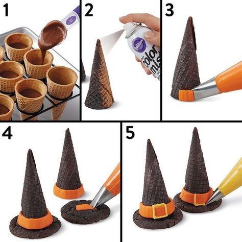 Halloween Witch Hat Cupcake Cones Halloween Witch Hat Cookies, Snack Halloween, Witch Hat Cookies, Postres Halloween, Halloween School Treats, Cupcake Cones, Anniversaire Harry Potter, Halloween Treats Easy, Food For Party