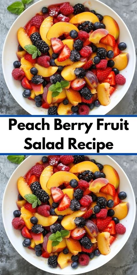 Love fruit salad? This Peach Berry Fruit Salad Recipe is a must-try! Featuring fresh peaches and berries, it's a refreshing fruit salad that's perfect for your fresh peach recipes and salad recipes collection. Gourmet Salad Recipes, Healthy Fruit Salad Recipes, Salad With Peaches, Peach Salad Recipes, Fresh Peach Recipes, Berry Fruit Salad, Easy Fruit Salad, Easy Fruit Salad Recipes, Healthy Fruit Salad