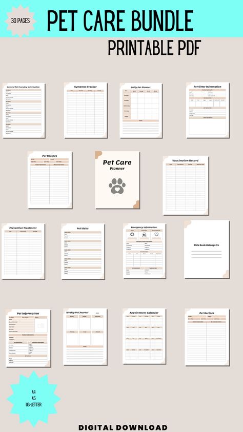 Record Printable, Pet Care Printables, Pet Care Planner, Pet Health Record, Medical Planner, Pet Planner, Dog Bedroom, Health Record, Symptom Tracker