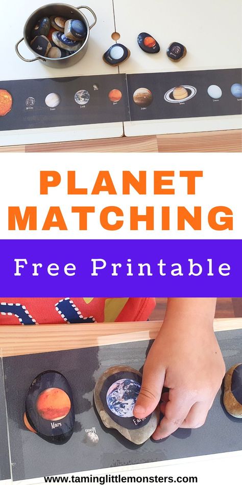 Planet Match Activity - Space STEM for Kids. this free printable is a great space themed play idea for toddlers and preschoolers. #space #freeprintable #stem #toddlers #preschoolers Space Maths Activities, Planets For Preschoolers, Planet Printables Free, Space Lesson Plans For Toddlers, Preschool Science Centers, Space Activities For Toddlers, Planet Activities, Planets Preschool, Space Lesson Plans