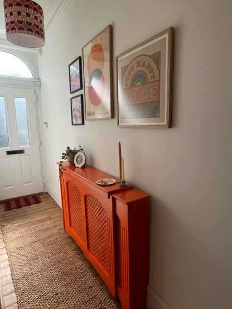 Orange House Interior, Radiator Cover Ideas Hallway, Flat Hallway Ideas, Apartment Hallway Ideas, Radiator Cover Ideas, Art Wall Gallery, Hallway Makeover, Home Lockers, Maximalist Home