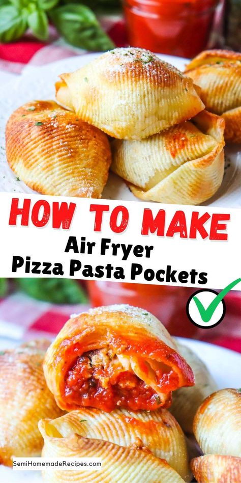 Air Fryer Pizza Pasta Pockets - Crispy Shells stuffed with ground beef or ground turkey, pizza sauce and fresh mozzarella pearls! Top these Pizza pockets with parmesan cheese and parsley before dunking them into pizza sauce for a great appetizer, dinner or snack! Ground Turkey Pizza, Jumbo Shell Recipes, Turkey Pizza, Appetizer Dinner, Pockets Recipe, Air Fryer Pizza, Shells Stuffed, Fried Pasta, Mozzarella Pearls