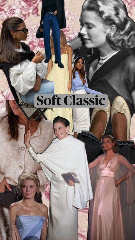 Soft Classic: This type combines the balanced, symmetrical look of Classic with soft, romantic touches. We could focus on flowing fabrics, gentle lines, and feminine details. Classic Kibbe Body Type, Soft Classic Outfits, Romantic Style Outfit, Springtime Aesthetic, Classic Romantic Style, Classic Summer Outfits, Soft Classic Style, Kibbe Soft Classic, Soft Classic Kibbe