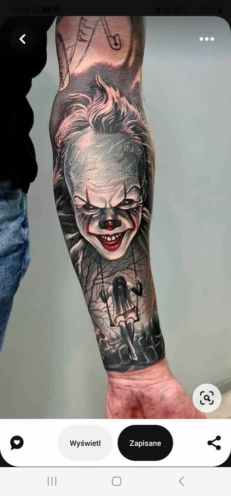 Best Horror Movie Tattoos, Mens Horror Tattoos, Pennywise Hand Tattoo, Joker Leg Sleeve, It Clown Tattoo, Pennywise Tattoo Design, Horror Movie Tattoos Sleeve, Horror Leg Sleeve Tattoo, Art The Clown Tattoo