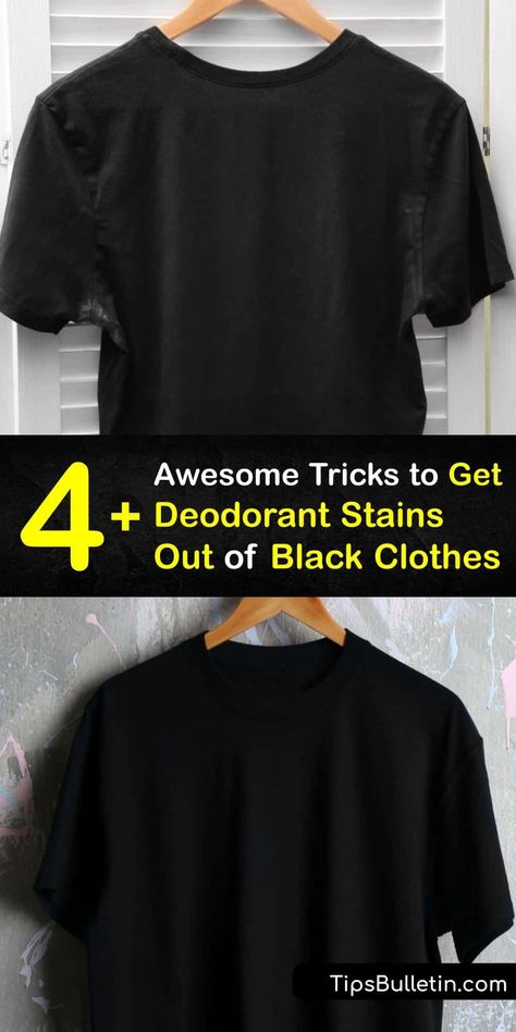 Learn how to remove deodorant pit stains and marks and prevent deodorant stains from ruining a black shirt. A white armpit stain is unsightly but easy to remove with a nylon stocking, dryer sheet, white vinegar, or hydrogen peroxide. #how #remove #deodorant #clothes #black Clean Armpit Stains, Get Deodorant Out Of Black Clothes, Get Deodorant Stains Out Of Clothes, How To Remove Pit Stains, Deodorant Build Up On Clothes, How To Get Pit Stains Out Of Shirts, How To Remove Deodorant Build Up, How To Get Rid Of Pit Stains On Shirts, How To Remove Deodorant Stains On Black