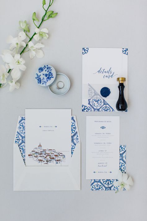 We love tile patterns. They can turn any inivitation, into a unique and timeless memorie. This suite has an even more special detail, a handrawn Lisbon illustration, how cute is this? #inloveweddings #destinationwedding #portugal #weddingstationery #weddinginvitation #portuguesetiles #bluetiles Mediterranean Wedding Invitations, Greek Wedding Theme, Mamma Mia Wedding, Portuguese Wedding, Lisbon Wedding, Save The Date Mariage, Mykonos Wedding, Sicily Wedding, Mediterranean Wedding