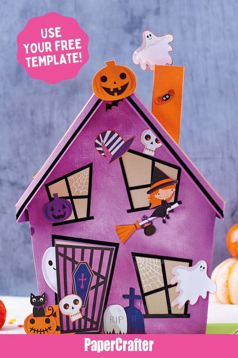 Learn to make a haunted house decoration for Halloween – easy-to-follow templates and a touch of thriftiness, what’s not to like? Make A Haunted House, Haunted House Diy, Decoration For Halloween, Halloween Haunted House, Purple Cards, A Haunted House, Learn Crafts, Halloween Spider Web, Halloween Haunted Houses