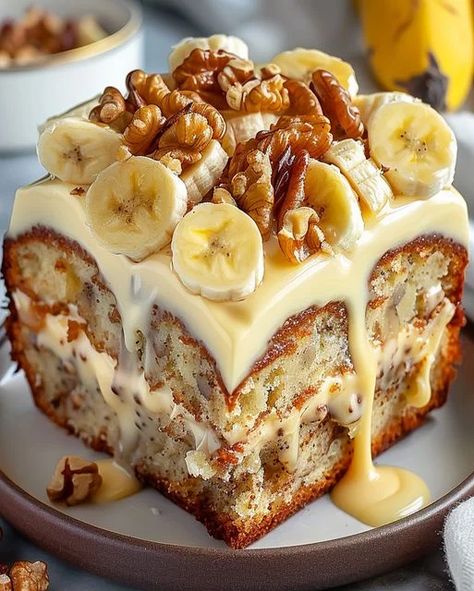 Optimal Recipes, Banana Nut Cake, Banana Walnut Cake, Cake Loaf, Cream Pies, Banana Walnut, Baked Treats, Pecan Cake, Walnut Cake