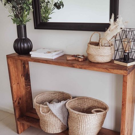 So what do you think of this rustic table? Would this look nice in your home? Ask me anything! Entryway Table With Baskets, Entryway Table Farmhouse, Farmhouse Entry Table, Rustic Entryway Table, Farmhouse Entry, Table Hallway, Rustic Entryway, Hallway Console, Table Farmhouse