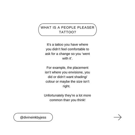 People Pleaser Tattoos🥲❤️‍🩹 It’s crucial to advocate for your ideas and preferences when getting a tattoo. There's nothing worse than ending up with a tattoo you don’t truly love because you didn't express your wishes. A good tattoo artist will offer alternatives, but ultimately, the choice is yours—it's your body. You should never feel uncomfortable asking for changes. Personally, I have a tattoo I'm not happy with because the artist heavily shaded it, while I only wanted simple line wo... Good Tattoo, Getting A Tattoo, People Pleaser, Get A Tattoo, Tattoo You, A Tattoo, Simple Lines, Tattoo Artist, Cool Tattoos