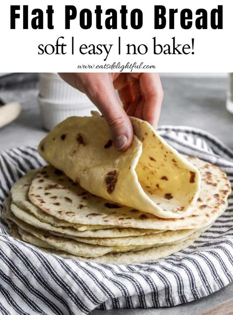 Stacked potato flatbread on plate with hand grabbing the first potato bread No Bake Bread, Bread Recipes No Yeast, Stovetop Baking, No Yeast Bread Recipes, Stovetop Bread, Flat Bread Recipes, Homemade Potato Bread, Stove Top Bread Recipe, Make Bread At Home