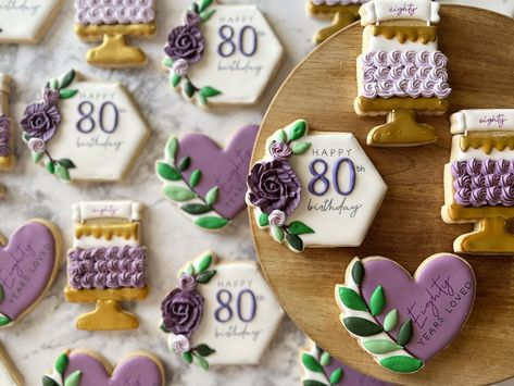 80th Birthday Royal Icing Cookies, 80 Birthday Cookies, 80th Birthday Cookies Decorated, 75th Birthday Cookies, 80th Birthday Cookies, 60th Birthday Cookies, 80th Party Ideas, Sugar Cookie Business, Birthday Party Cookies