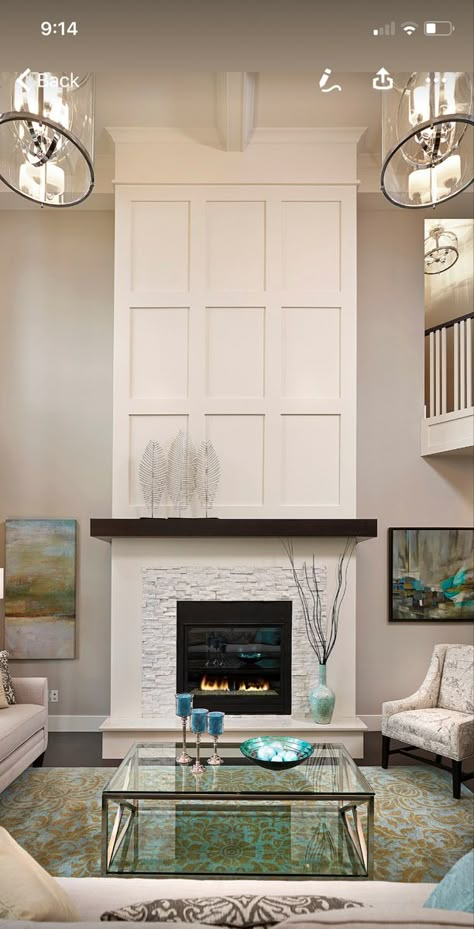 Fireplace Molding, Fireplace Accent Walls, Fireplace Feature Wall, Tall Fireplace, High Ceiling Living Room, Brick Fireplace Makeover, Fireplace Built Ins, White Fireplace, Living Room Decor Fireplace