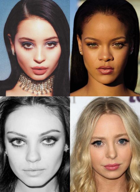 headshots of alexa demie, rihanna, mila kunis, and portia doubleday, all who have ethereal and gamine style essences based on theories by kitchener Types Of Facial Features, Gamine Face, Romantic Ethereal Essence, Virgo Full Moon, Kibbe Dramatic Classic, Kibbe Dramatic, Types Of Facials, Kibbe Romantic, Romantic Makeup