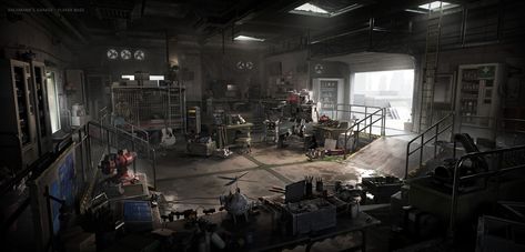 ArtStation - Engineer's Garage in a Brutalist World (Player's HQ) Sci Fi Workshop, Cyberpunk Workshop, Engineer Concept Art, Garage Concept Art, Cyberpunk Garage, Cyberpunk Ttrpg, Apocalypse House, Hi Fi Rush, Desert Punk