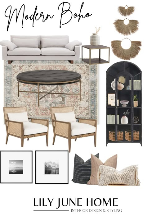 A warm and inviting living room with a modern boho touch is my latest design. I am in love with how this design came together. All details are on my blog. #Livingroom #livingroominspo #livingroomideas #modernboho #blackcabinet #canechairs Boho Formal Living Room Ideas, Boho Large Living Room, Modern Boho Decor Ideas Living Room, Modern Boho Luxe Living Room, Boho Formal Living Room, Small Living Room Mood Board, Modern Transitional Decor Living Room, Boho Natural Living Room, Modern Boho Living Room Inspiration