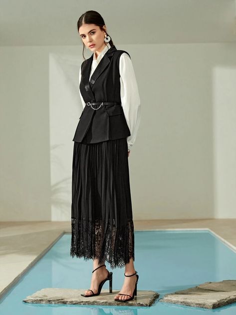 Lapel Collar Belted Waistcoat With Contrast Lace Pleated Skirt Without Blouse | SHEIN USA Waistcoat With Skirt, Waistcoat And Skirt, Waistcoat Outfit, Women Waistcoat, Neutral Wardrobe, Winter Ball, Maxi Skirt Outfits, Winter Formal, Midi Skirts