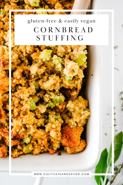 This classic gluten-free cornbread stuffing recipe is so flavorful, it’s sure to steal the spotlight on your holiday table. Plus, it’s easily made vegan. Cornbread Dressing Gluten Free, Gf Cornbread Stuffing, Gluten Free Cornbread Stuffing Recipes, Vegan Cornbread Dressing Thanksgiving, Vegan Cornbread Stuffing, Gluten Free Stuffing Thanksgiving Cornbread Dressing, Gluten Free Cornbread Stuffing, Stuffing Vegan, Vegan Oil Free Cornbread