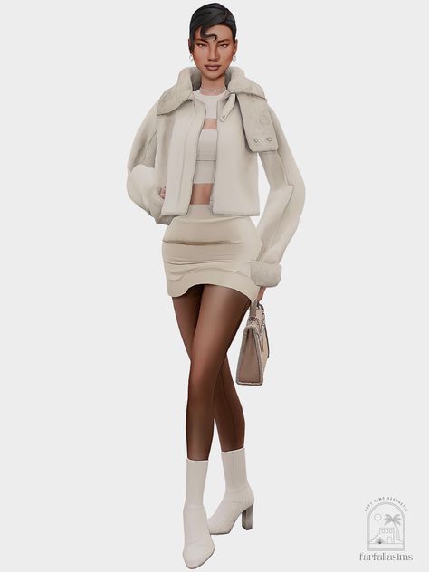 f a r f a l l a ♡: Beige & Black Aesthetic Lookbook ♡ ༄ look ONE |... Sims 4 Cc Jacket Accessory, Beige Black Aesthetic, Sims 4 Cc Jacket, Lookbook Aesthetic, Aesthetic Lookbook, Sims Lookbook, Stockings And Boots, San Myshuno, The Sims 4 Skin