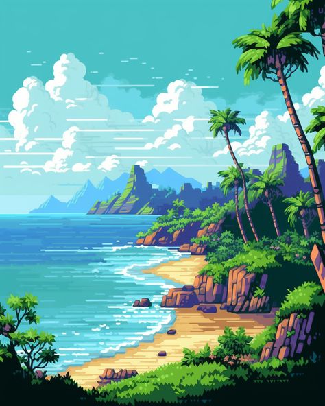 Escape to pixelated paradise with our Hawaii Beach Art Print! 🏝️🎨 Transform your space into a pixelated dreamscape. Add a touch of tropical bliss to your home or office. Shop now for pixel-perfect serenity! 🌊🖼️ #PixelArt #BeachPrint #HawaiiParadise Hawaii Pixel Art, Tropical Pixel Art, Beach Pixel Art, Pixel Beach, Beach Digital Art, Pixel Background, Hawaii Art Print, Notion Cover, Tinola