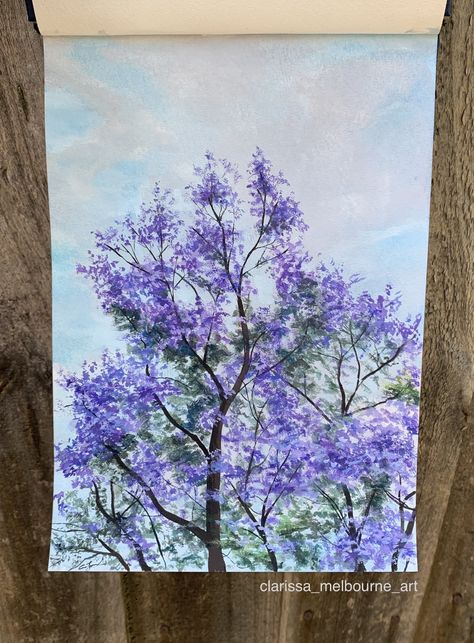 Purple Tree Painting, Gauche Painting, Jacaranda Tree, Purple Leaves, Lilac Tree, Purple Trees, Cat Air, Painting Inspo, Handmade Notebook