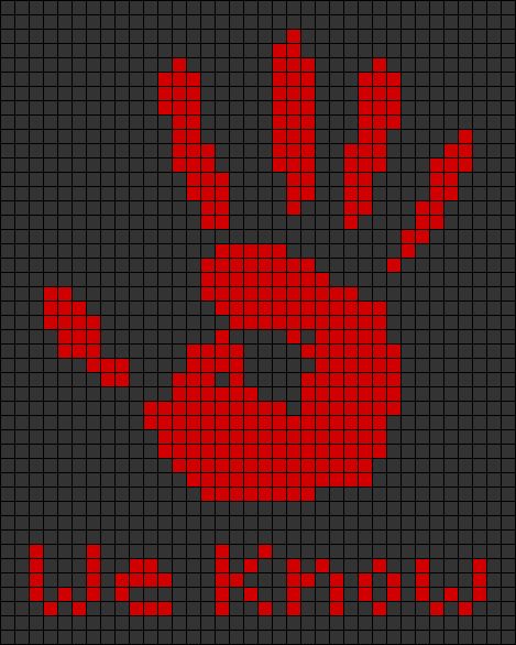 Scary Pixel Art Grid, Skyrim Crochet Pattern, Supernatural Crochet Patterns, Crochet Skyrim, Skyrim Pixel Art, Horror Movie Pixel Art, Horror Pixel Art Grid, Pixel Art Creepy, Hand Pixel Art