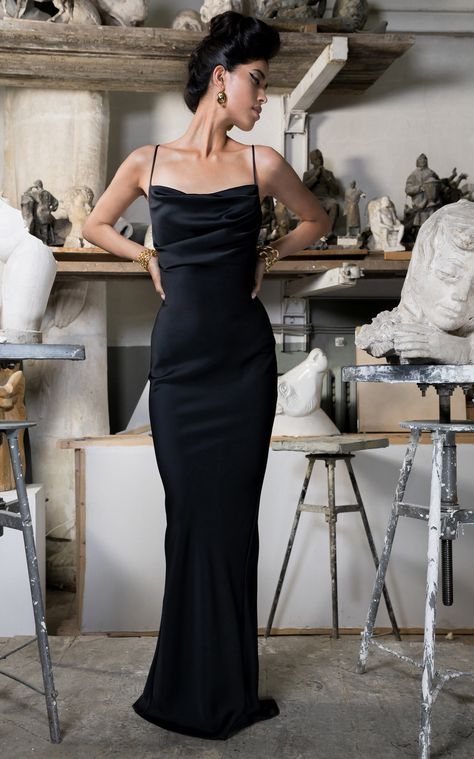 Sleeveless Satin Slip Gown by RASARIO for Preorder on Moda Operandi Plain Black Prom Dress, Satin Prom Dresses, Prom Dress Inspo, Black Mermaid, Backless Prom Dresses, Dress Mermaid, Black Party Dresses, Cocktail Attire, Satin Prom Dress