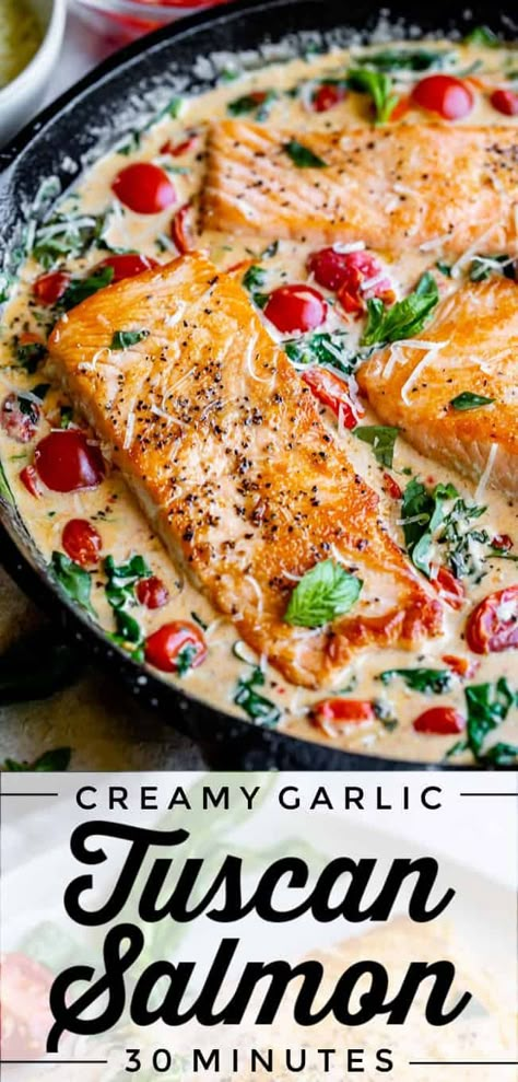 Creamy Tuscan Salmon, Tuscan Salmon Recipe, Tuscan Salmon, Salmon Recipes Pan Seared, Salmon Spinach, The Food Charlatan, Creamy Parmesan Sauce, Garlic Salmon, 30 Minute Dinners