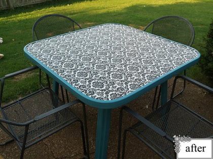 BEFORE AND AFTER: PATIO FURNITURE -- Could I use spray adhesive to attach the vinyl to the underside of the glass? Does it dry clear? Outdoor Furniture Makeover, Refurbished Table, Patio Furniture Makeover, Metal Patio Furniture, Modern Patio Furniture, Table Makeover, Modern Patio, Furniture Makeovers, Small Patio