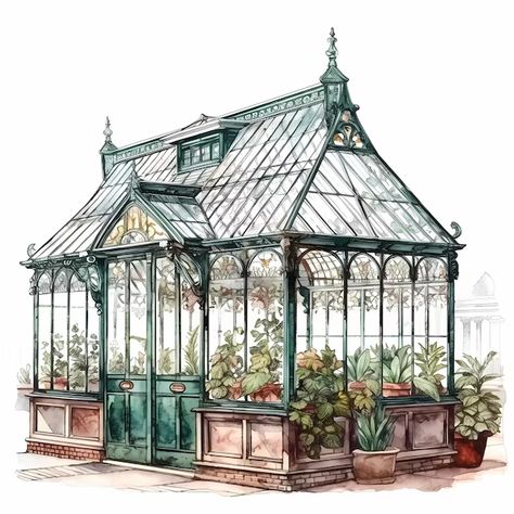 Victorian Era Greenhouse, Green House Victorian, Victorian Conservatory Illustration, 19th Century Greenhouse, Victorian Garden House, Victorian Glass Greenhouse, Victorian Greenhouse Interiors, House In A Greenhouse, Glass House Drawing