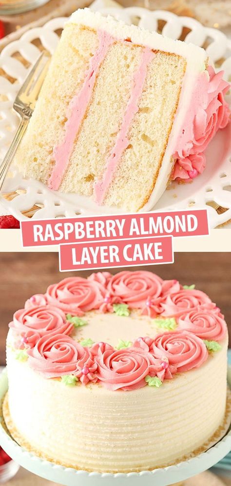 This Raspberry Almond Layer Cake has three layers of moist, fluffy almond cake filled with fresh raspberry frosting! It’s such a pretty cake and it tastes even better than it looks! Almond Layer Cake, Cake Almond, Lemon And Coconut Cake, Raspberry Frosting, Decorating Frosting, Pretty Cake, Raspberry Almond, Almond Cake, Cake Fillings