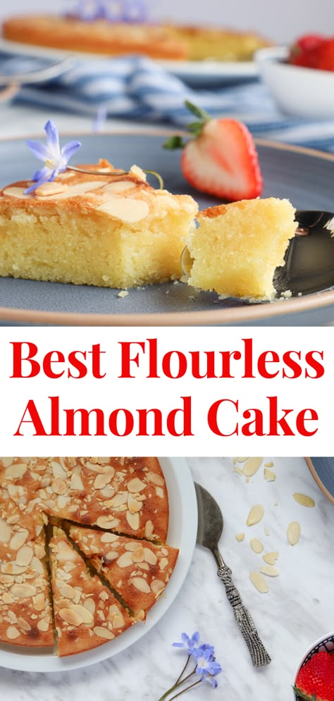 Delicious and ready in no time, this flourless almond cake has the moist and chewy inside and a crispy outside. Topped with golden sliced almonds, this is a perfect quick recipe that is also absolutely yummy! #almond #almondcake #flourless #glutenfree #easy #frenchbaking #amandier Flourless Almond Cake, Lemon Almond Cake, Gluten Free Lemon Cake, Glutenfri Baking, Almond Flour Cakes, Light Dessert, Almond Cake Recipe, Flourless Cake, Almond Meal