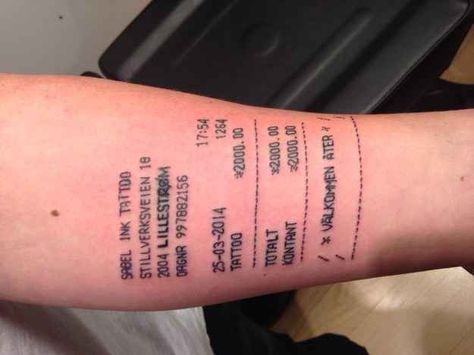 Now he’s made the news again after getting the receipt for his original tattoo inked onto his left arm. Receipt Tattoo, Absurd Tattoo, Left And Right Tattoos, Bridge Tattoo, Family First Tattoo, Inspiring Quote Tattoos, Simple Tattoo Designs, Tattoo Fails, Original Tattoos