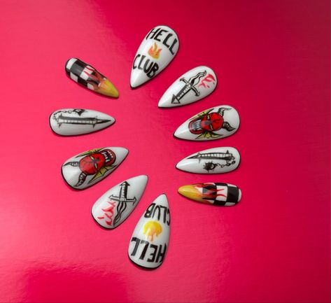 Hand painted stranger things presson nails. Medium stiletto Medium Stiletto, Hellfire Club, Nails Medium, Guitar Pick, Stranger Things, Music Instruments, Hand Painted, Nails