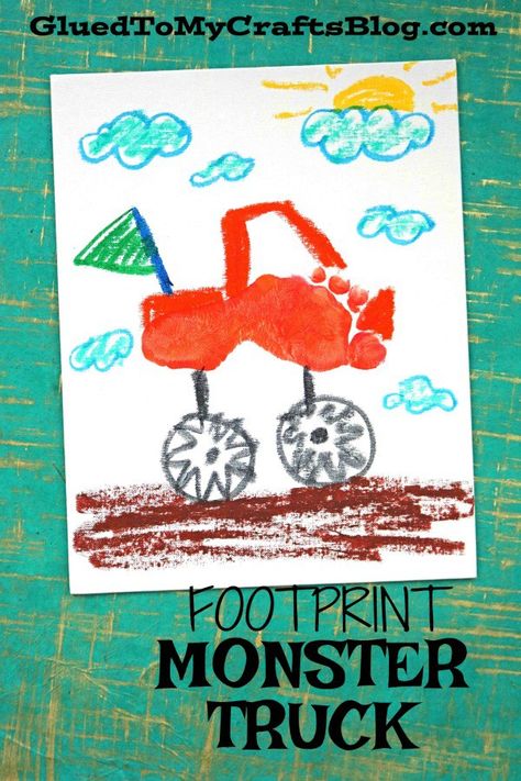 Footprint Monster Truck Keepsake - Kid Craft #monstertruck #monsterjam #truck #kidcrafts #gluedtomycrafts Monster Truck Handprint Art, Monster Truck Footprint Art, Truck Footprint Art, Monster Truck Craft, Truck Handprint Art, Monster Truck Art, Monster Truck Kids, Truck Crafts, Monster Truck Party