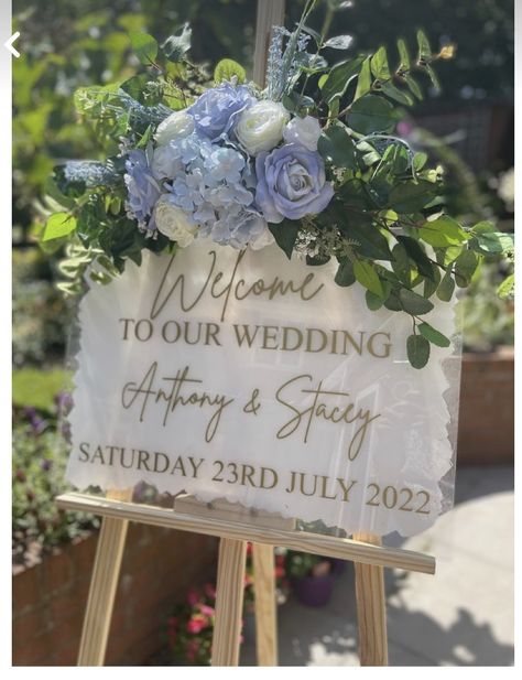 Wedding Easel, Flower Swag, Baby Blue Weddings, Blue Wedding Decorations, Artificial Wedding Flowers, White Wedding Theme, Light Blue Wedding, Blue Themed Wedding, Artificial Flowers Wedding