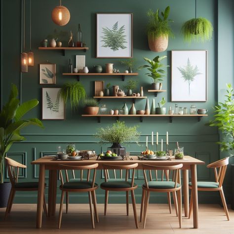 Plant Wall Dining Room, Green And Gold Dining Room, Dark Green Dining Room, Modern Industrial Dining Room, Dining Room Green, Living Wall Indoor, Green Walls Living Room, Room Minimal, Gold Dining Room