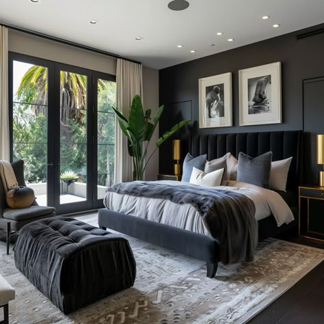 Master Bedrooms Charcoal, Black Bed Interior Design, Black Glass Bedroom Furniture, Luxury Farmhouse Bedroom Master, Bedroom Ideas Balcony, Room Decor With Black Bed, Bedroom One Black Wall, Black And Light Gray Bedroom, Black Bed Modern Bedroom