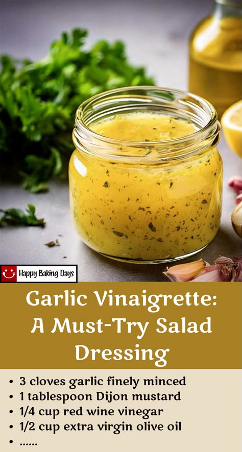 Elevate your salads with this zesty Garlic Vinaigrette! Perfectly balanced with fresh garlic, tangy vinegar, and a hint of sweetness, it's a must-try dressing that adds flavor to any dish. Drizzle it on your favorite greens or use it as a marinade for veggies. 🍽️✨ #garlicvinaigrette #saladdressing #healthyrecipes #homemadedressing #saladlover Tangy Vinaigrette Salad Dressings, Keto Oil And Vinegar Salad Dressing, Veggies With Vinegar, Classic French Vinaigrette, Healthy Garlic Dressing, German Dill Salad Dressing, Oil And Balsamic Vinegar Salad Dressing, Simple Salad Vinaigrette, Healthy Dressings For Salads Vinaigrette