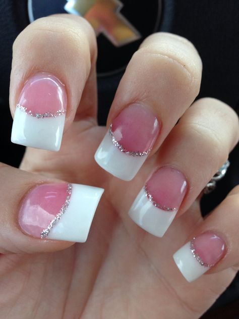 Dark pink French tips with silver French Tips With Pink Base, Dark Pink And White Nails, Gel Manicure French Tip, Pink And White French Tip Nails, Pink And White Nail Designs, 2000s Nails, Pink French Tips, Dark Pink Nails, Solar Nails