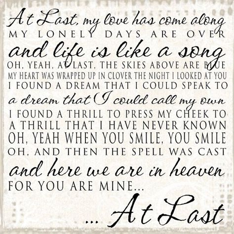 At Last Lyrics - Word art Prints -12x12-Etta James- love marriage engagement wedding At Last Etta James, Etta James, Wedding Song Lyrics, Lyrics To Live By, Aqua Wedding, Painting Quotes, First Dance Songs, Love Marriage, Wedding Quotes