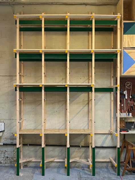 Atelier Oh — 041 Scaffold (Atelier storage) 2x2 Projects, Attic Desk, Scaffolding Wood, Workshop Shelves, Basement Lounge, Cottage Library, Bali Interior, Plywood Diy, Shelves Desk