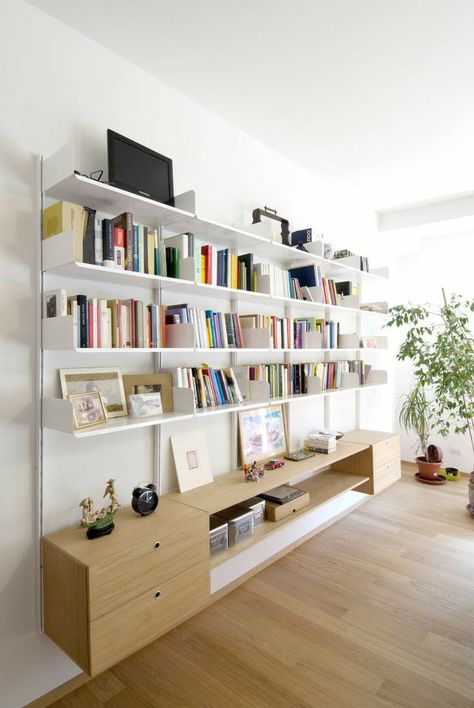 Shelving Bedroom, Minimalist Bookshelves, Wall Shelving, Bookshelves In Living Room, Home Library Design, Wall Shelves Design, Bookshelf Design, Wall Bookshelves, Living Room Shelves