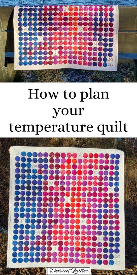 This post has everything you need to plan your first temperature quilt - including a free workbook to record your decisions! How To Plan A Quilt, Temperature Quilt Pattern Free, Temperature Quilt Color Chart, Temperature Quilts Ideas, Temperature Quilt Pattern, Temperature Quilt Ideas And Designs, Weather Quilt, Temp Blanket, Temperature Quilts