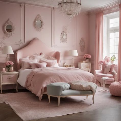 Light Pink White And Gold Bedroom, Pink Bedroom Chair, Pink Bedrooms For Women, White Bedroom With Pink Accents, Pink White Gold Bedroom, Pink Headboard Bedroom Ideas, Pink White And Gold Bedroom, Light Pink Bedroom Aesthetic, Pink Wall Bedroom