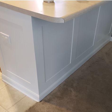 Easy & Inexpensive Kitchen Island Makeover - Path to Me Kitchen Island Skirting, Waynes Coating On Kitchen Island, Wainscoting On Kitchen Island, Island Trim Molding, Wainscoting On Island, Bead Board On Island, Shiplap Kitchen Island Ideas, Kitchen Island Moulding Ideas, Island Kick Plate Ideas