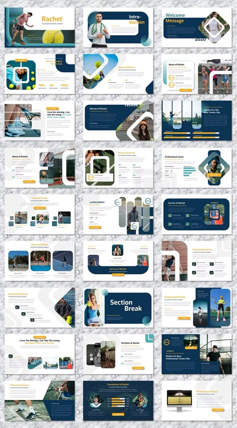 Tennis Sport PowerPoint Template. 40 Master Slide Layouts. Sports Portfolio, Google Slide Templates, Presentation Design Layout, Portfolio Photography, Page Layout Design, Graphic Design Brochure, Slides Design, Social Media Advertising Design, Power Points