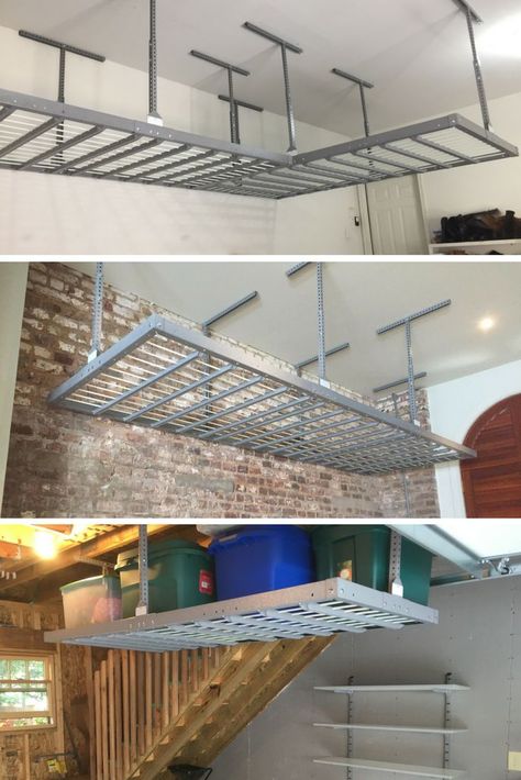 Overhead garage storage is the absolute perfect storage solution for those less-frequentl… | Overhead garage storage, Garage storage shelves, Garage ceiling storage Rinnovo Garage, Basement Storage Organization, Garage Organization Shelves, Easy Garage Storage, Garage Ceiling Storage, Garage Organization Systems, Garage Storage Inspiration, Organization Systems, Garage Organisation