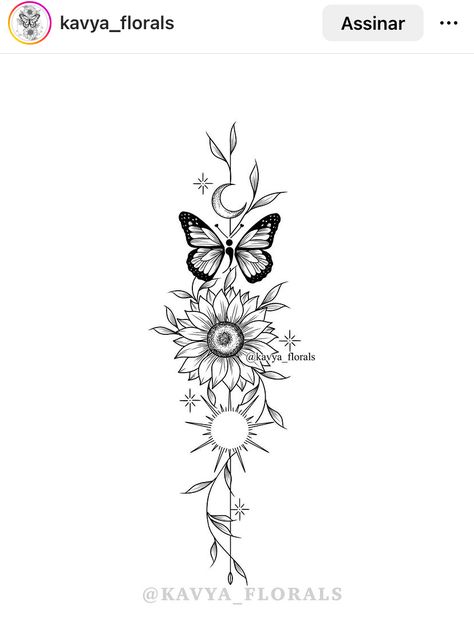 Floral Unalome Tattoo, Butterfly Tattoo Sunflower, Outer Calf Tattoos For Women, Flower Sun And Moon Tattoo, Turtle Spine Tattoo, Tattoo Ideas Female On Thigh, Buterfluffy Tatoos, Sunflower Leg Tattoo, Sunflower Spine Tattoo