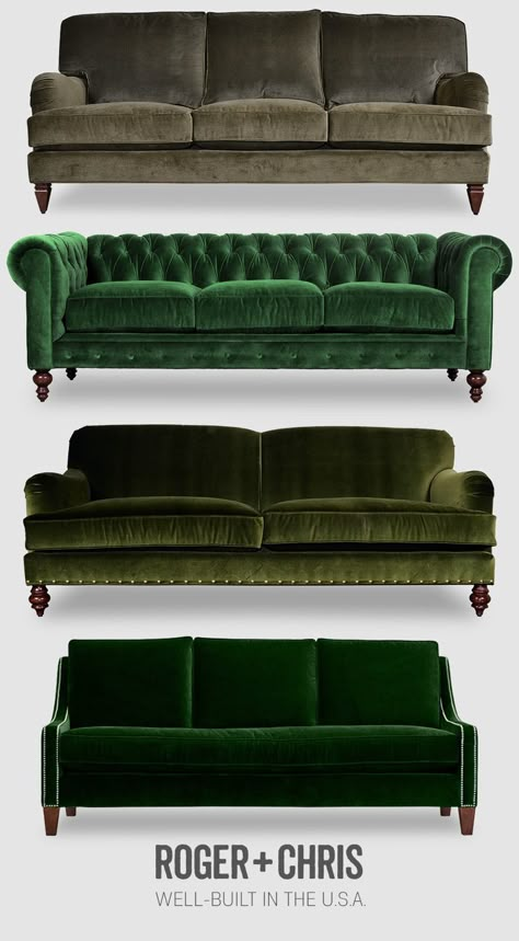 Green / velvets / furniture / Roger+Chris More Velvet Sofa Living Room, Sofa Design Ideas, Small Sectional Sofa, Velvet Sofas, Velvet Furniture, Green Couch, Green Velvet Sofa, Sofa Set Designs, Green Sofa